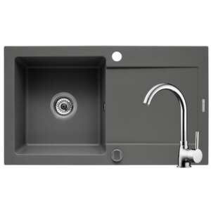 Pachet chiuveta granit Pyramis Magic + Baterie pipa inalta, 760x440 mm, adancime 170 mm, montare pe blat, cuva reversibila, Iron Grey