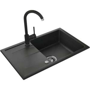 Pachet chiuveta granit cu scurgator si baterie Kring, compozit granit, 670x440mm, adancime 150mm, reversibila, montare pe blat, negru